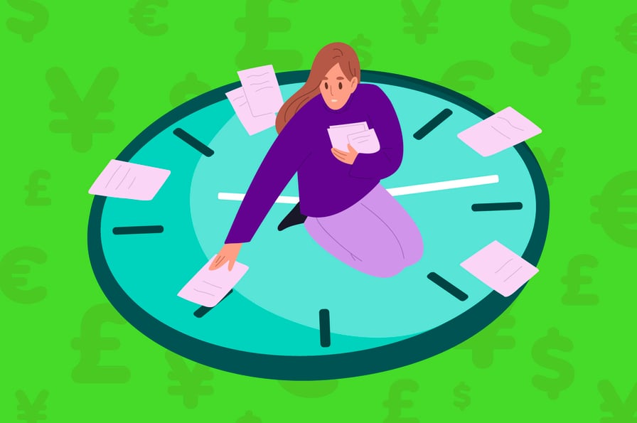 person sitting on a clock handling payroll processing