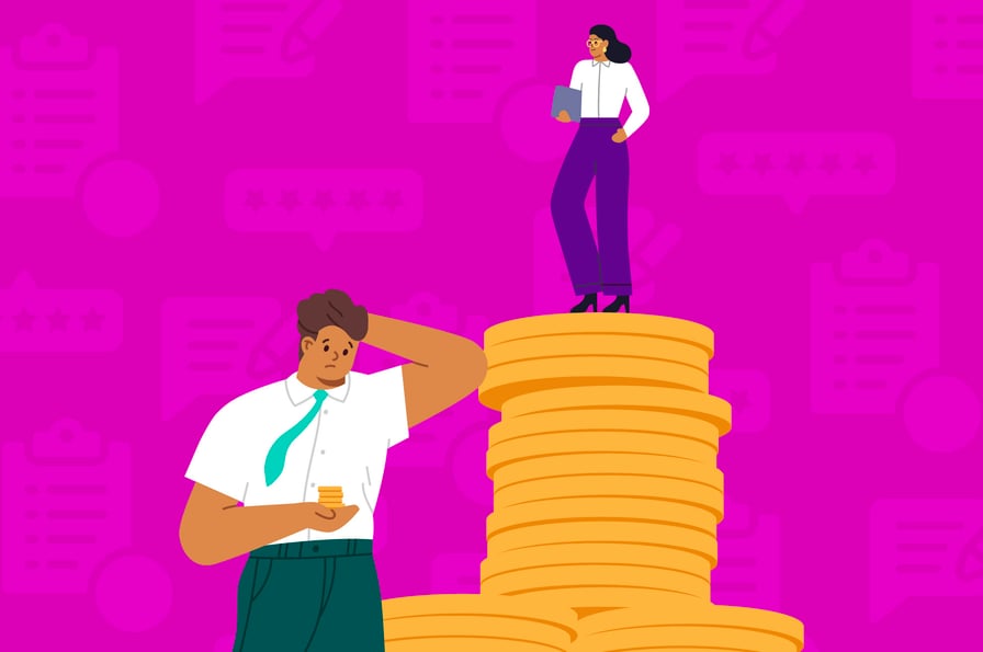 man scratching his head wondering about how to pay international employees and woman standing on top of coins