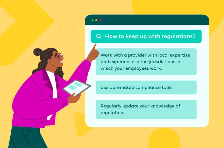 woman pointing at screen with payroll management questions around regulations