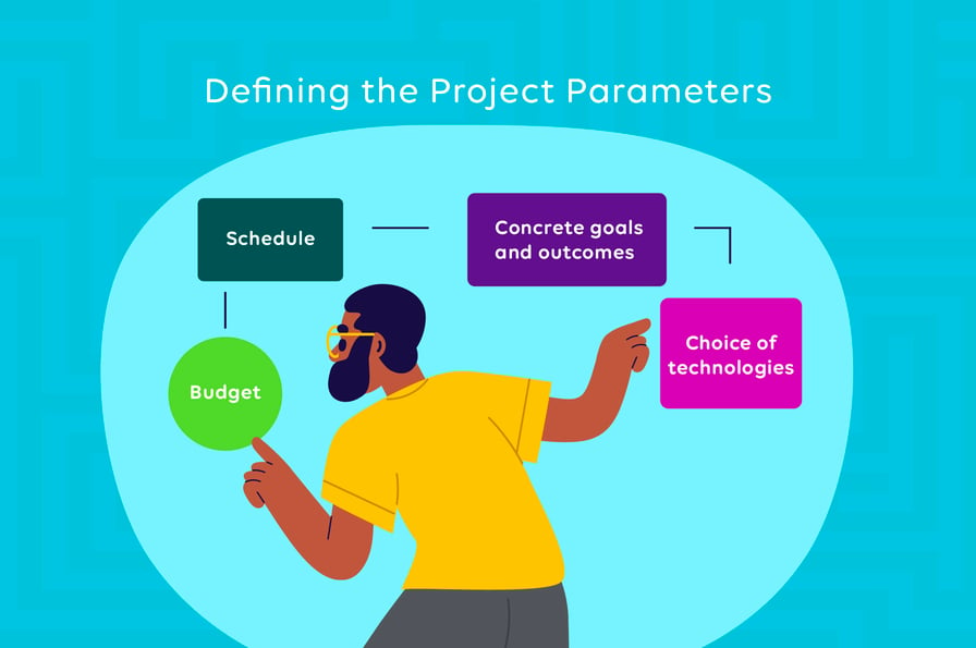 man pointing to blocks about payroll software and project parameters