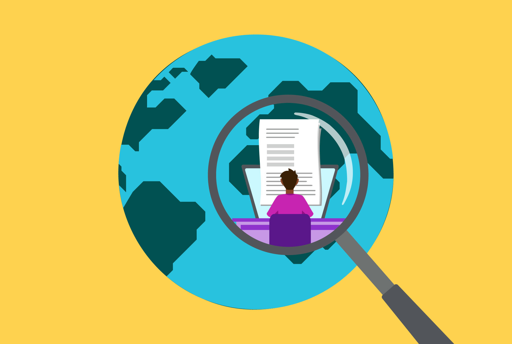 magnifying glass zoomed in on earth with woman sitting and reading about payroll processes